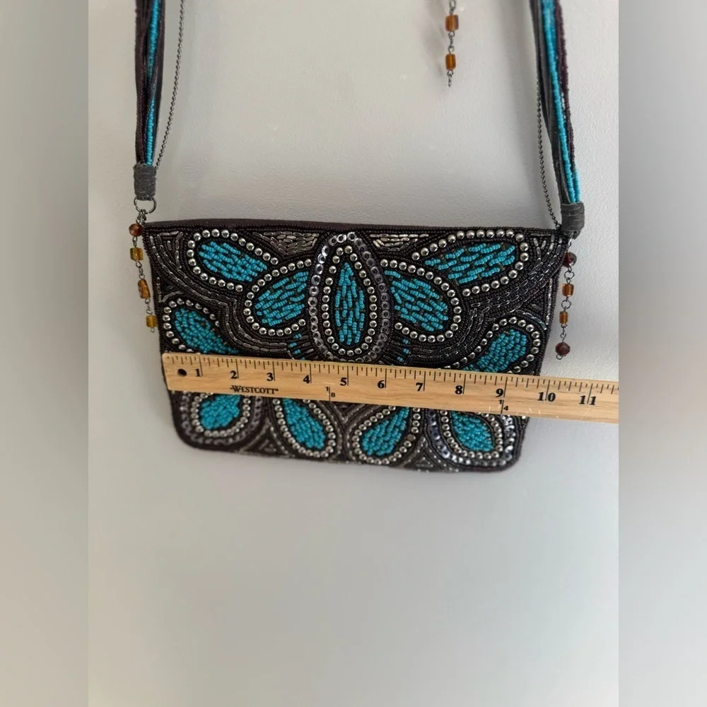 Ricki Designs Floral Beaded Chain Shoulder Strap Small Clutch Purse Turquoise